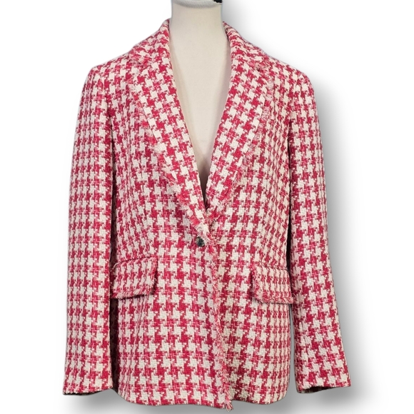 ANNE KLEIN | HOUNDSTOOTH TWEED SINGLE BUTTON FRINGE COLLAR BLAZER JACKET - Picture 1 of 16